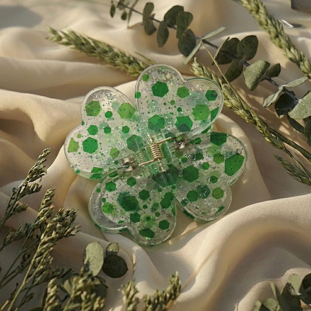 Clover Magnetic Hair Clip - Green Sparkle
